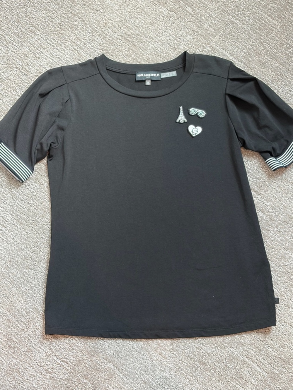 Karl Lagerfeld Womens Black Short Sleeve Top with Paris Patch Sz XS